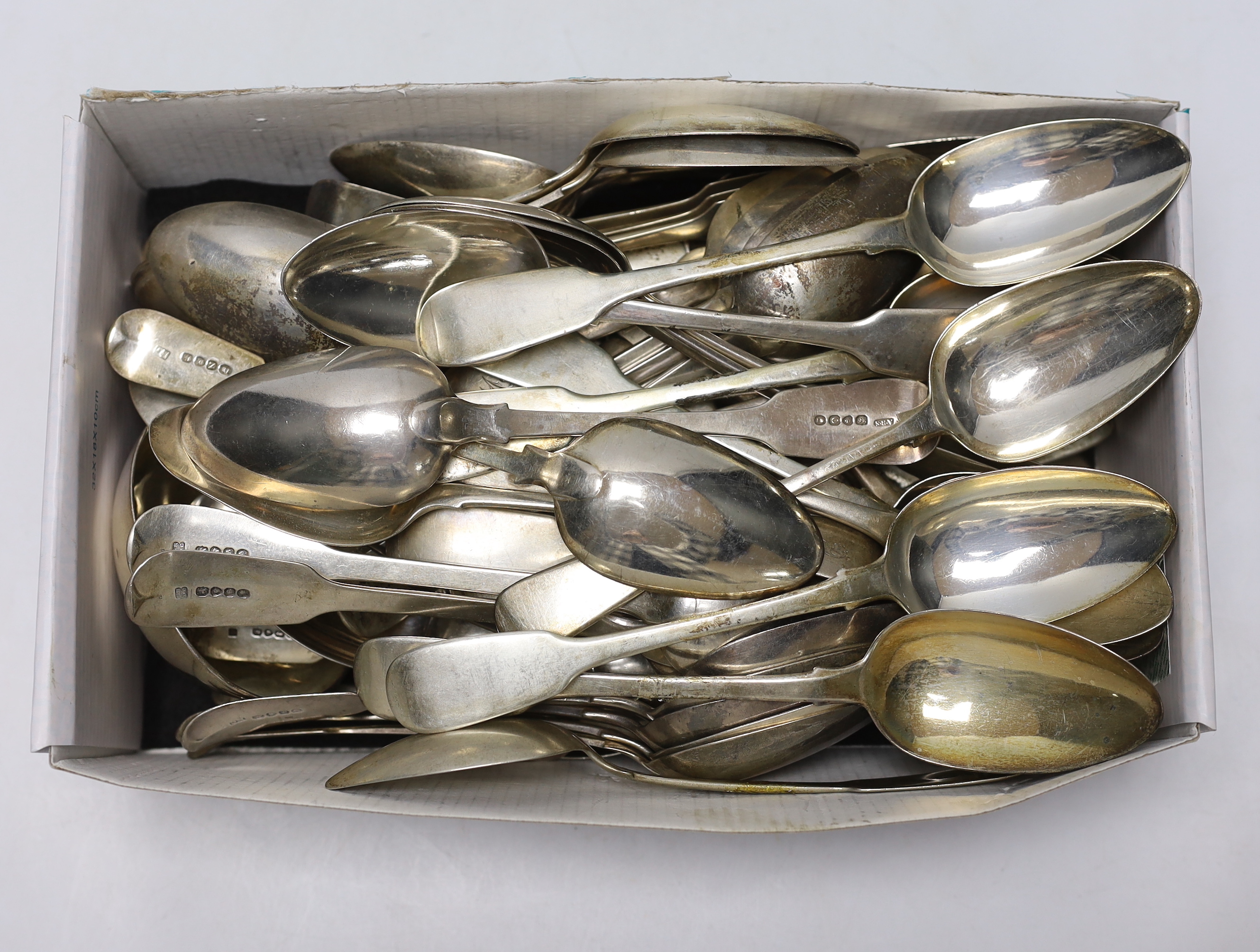 A harlequin canteen of 19th century silver fiddle pattern flatware, comprising ninety three items, various dates and makers, including eleven table forks, London, 1878 and ten tablespoons, George Adams, London, 1865